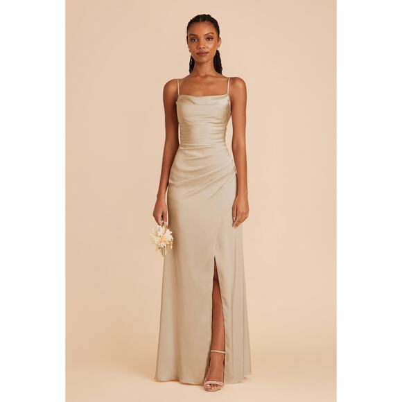 Birdy Grey Lydia Dress Matte Satin Neutral Champagne Medium Long Bridesmaid Cowl - Picture 1 of 13